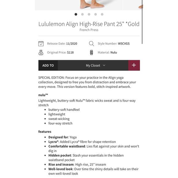 Lululemon Womens Align High-Rise Pant Gold French Press Size 8 - Picture 11 of 11